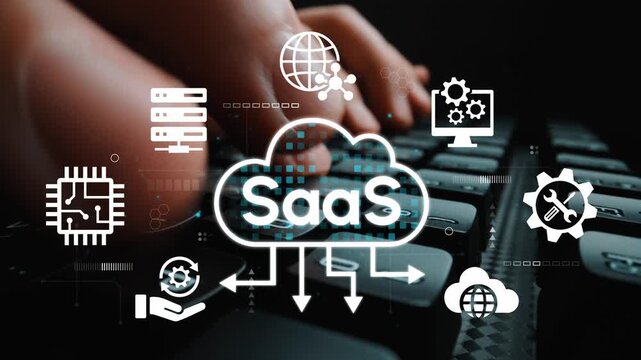 Hands Typing on Keyboard with Floating Icons Representing Cloud Computing and SaaS Concepts in Modern Digital Environment for Technology Innovation. Entropy.