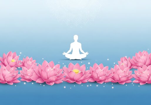 International yoga day  silhouette meditating with lotus flowers