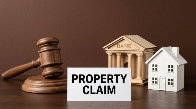Property claim sign with judge gavel and bank model, real estate law and foreclosure concept, wooden house and court hammer on desk