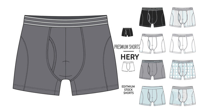 Collection of men's boxer brief technical drawings in various styles and colors, illustrating fashion flat sketches for apparel design on an isolated white background