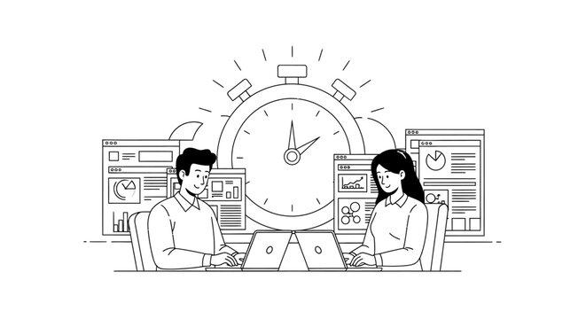Man and woman working together in an office, surrounded by data charts and a large clock, symbolizing efficient time management and data analysis on an isolated white background