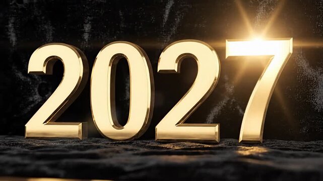 Golden 2027 numbers on dark textured ground, dramatic spotlight and lens flare, futuristic new year concept for business planning and time change themes