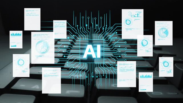 Abstract Digital Interface with AI Concept on Keyboard Surrounded by Data Charts and Graphs Illustrating Technology and Innovation in Business. Entropy.