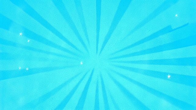 Slow motion static shot of comic style radial burst with sparkling stars on blue dotted halftone graphic backdrop
