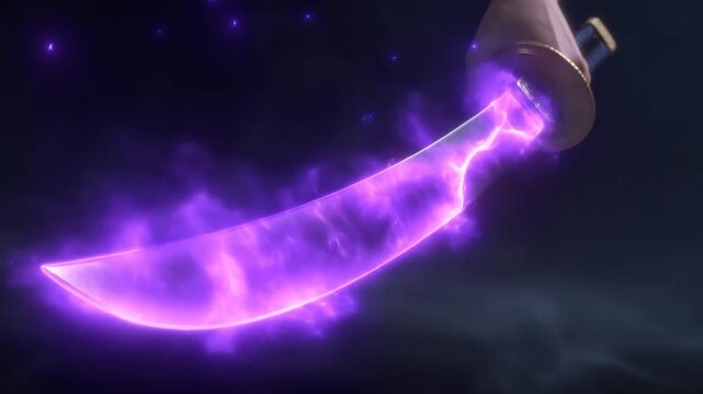 Slow motion tracking tilt of curved katana emitting glowing purple energy blade through misty night sky with smoky particles and sparks