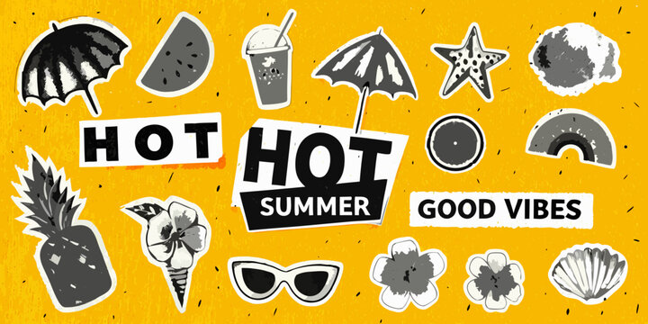 Summer themed illustrations with watermelon pineapple and beach elements
