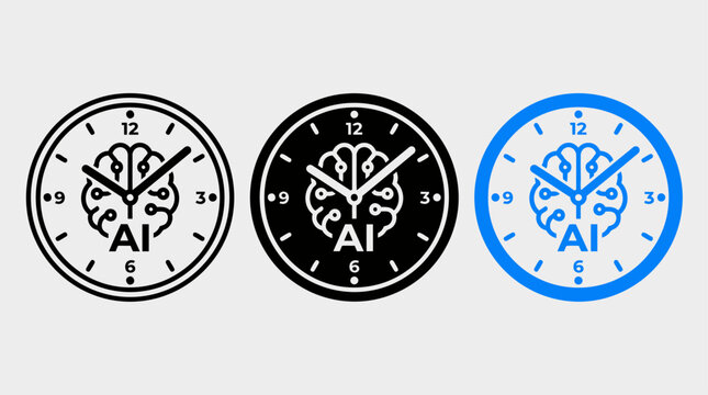 Set of ai clock icons with brain circuit design