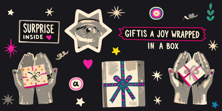 Gift themed collage with hands boxes and star illustration pop art style