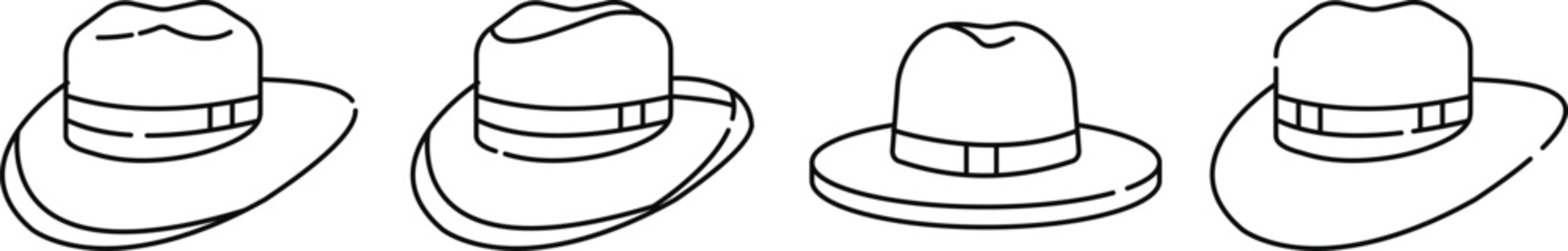 Fedora Hat Icons Set Vector Illustration, Classic Fashion Headwear and Vintage Style Accessory Line Art Design