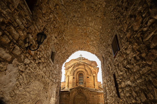 Byzantine church of Agioi Apostoloi with traditional brickwork in Pyrgi, Chios island, Greece