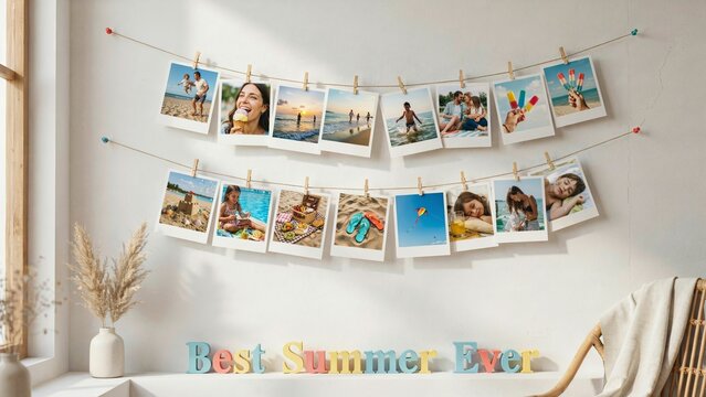 Summer photo display with travel memories clipped on string above cozy interior. Nostalgia, family moments, vacation memories, home decor and storytelling concept.