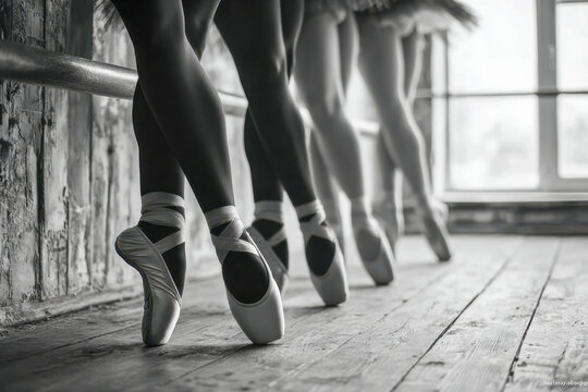 Graceful ballet dancers practicing on wooden floor using barre in a bright studio showcasing elegant pointe shoe positions and delicate footwork technique