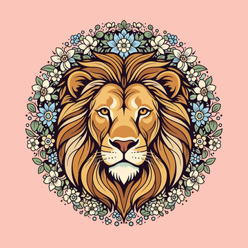 A regal lion's head framed by a circular wreath of delicate pastel-colored flowers