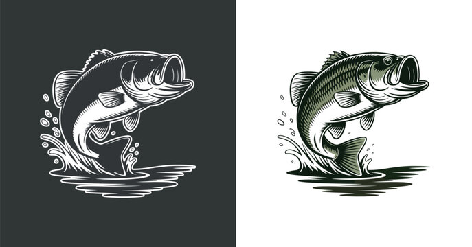Largemouth Bass Jumping From Water Vintage style Illustration