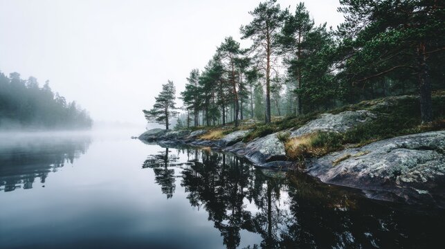 Serene Morning Fog in Deep Pine Forest by Tranquil Lake Surrounded by Majestic Nature's Beauty and Still Reflection