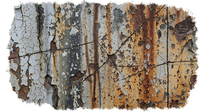 Corrugated metal sheet with peeling paint and rust isolated on transparent background