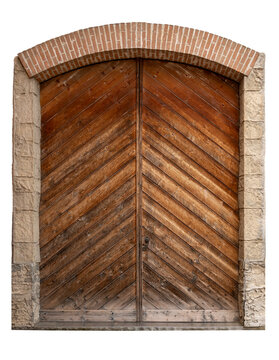 Antique double wooden door with diagonal planks, set within rustic stone frame and brick arch. Isolated, perfect for architectural visualization, photo manipulation, and historical design