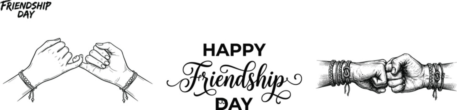 Happy Friendship Day typography with hand-drawn pinky promise and fist bump. Black and white vector sketch illustration of friends hands with bracelets.