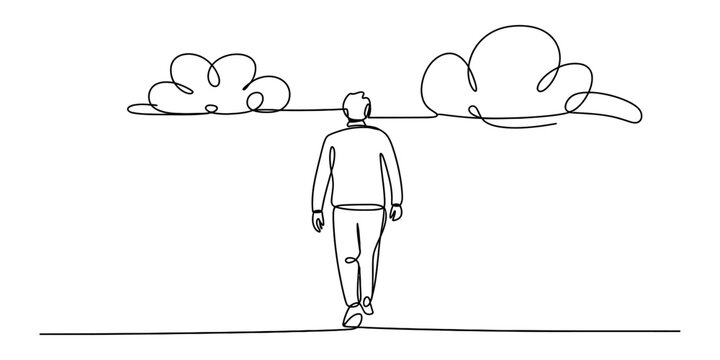 A single continuous line drawing of a lonely man walking forward under fluffy clouds in a peaceful and quiet outdoor scene for creative design projects Vector, illustration