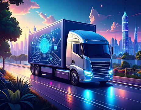 Digital delivery truck cruising on a highway with futuristic cityscape, glowing tech panel, vibrant sunset colors