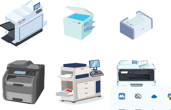 Isometric Office Printer and Multifunction Copier Machine Set Featuring Flat Vector Illustrations of Electronic Document Scanners, Hardware Equipment, and IT Network Devices