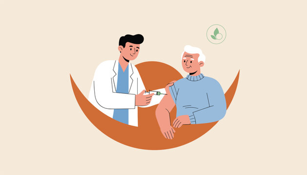 Male doctor administering vaccine injection to elderly patient in healthcare clinic with stylized background elements.