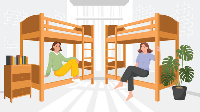 students studying and relaxing in shared dormitory room with wooden bunk beds education hostel accommodation and campus life vector illustration