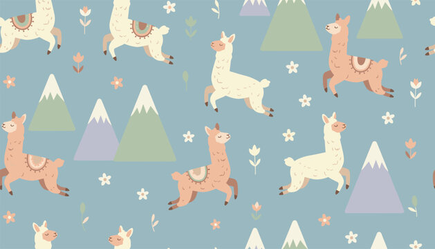 Charming seamless pattern featuring cute cartoon llamas jumping over a blue background with snowy mountains and small flowers.