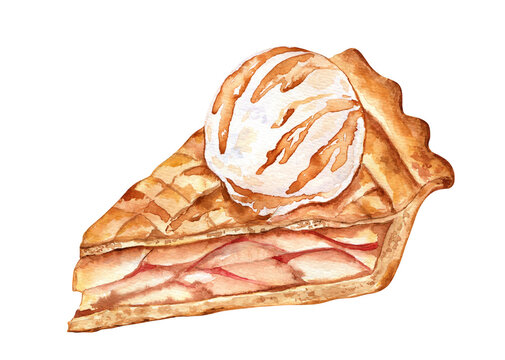 Watercolor illustration of a slice of an apple pie with ice cream isolated on transparent. Detailed hand-drawn food art; for art prints, menu, cards, scrapbooking, recipe books