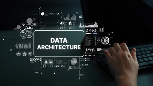 Data Architecture Concept with Charts, Graphs, and Hand Interacting with Digital Elements on Dark Background. Asymptotic smart data analytic.