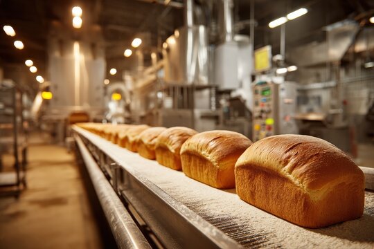 Industrial bakery scene showing automated bread processing on a stainless steel line