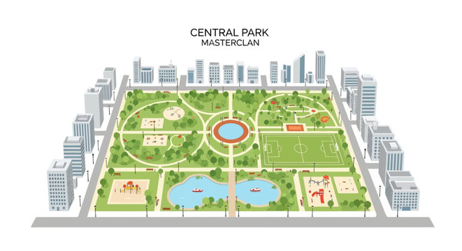 Aerial View of Central Park Masterplan with Playgrounds, Lake, and Sports Fields