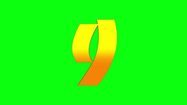 Animated numbers 9 sign on a green screen background.