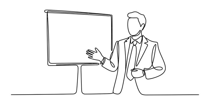 Businessman in a suit giving a professional presentation and pointing at a blank whiteboard drawn in a continuous single line art style for office business Vector, illustration