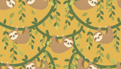 Obraz premium Seamless pattern with cute sloths hanging on green vines and branches over a yellow background for wallpaper or fabric design.