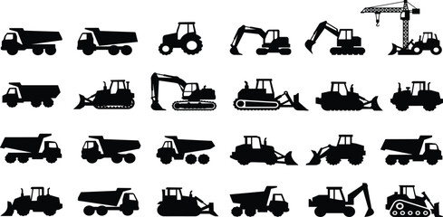 Construction, vehicle, silhouette, vector, set, machinery, truck, excavator, bulldozer, tractor, crane, heavy, equipment, industrial, transport, icon, collection, isolated, design, illustration, © ADOBE STOCK