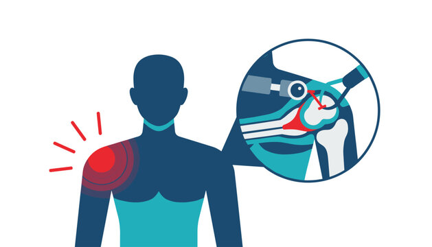 Medical illustration depicting shoulder pain and arthroscopic surgery to repair joint damage with micro instruments.