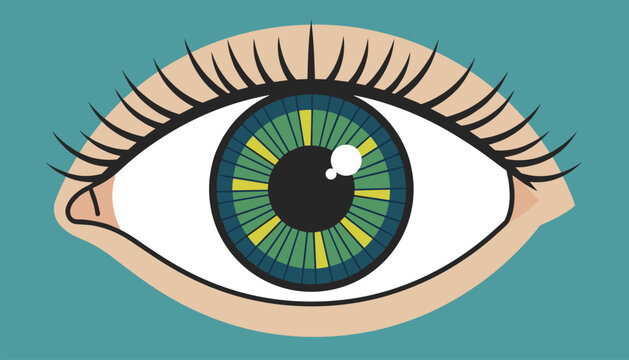 Close up illustration of a human eye with a beautifully stylized iris of green and yellow patterns over a solid teal backdrop.