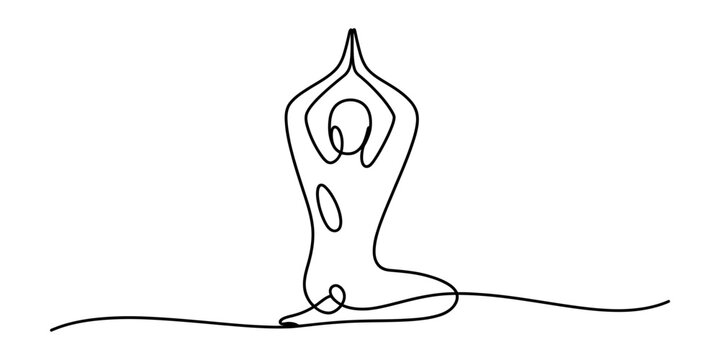 Continuous single line drawing of a person doing yoga pose with hands raised up in a peaceful meditation sitting position for health and wellness concept Vector, illustration