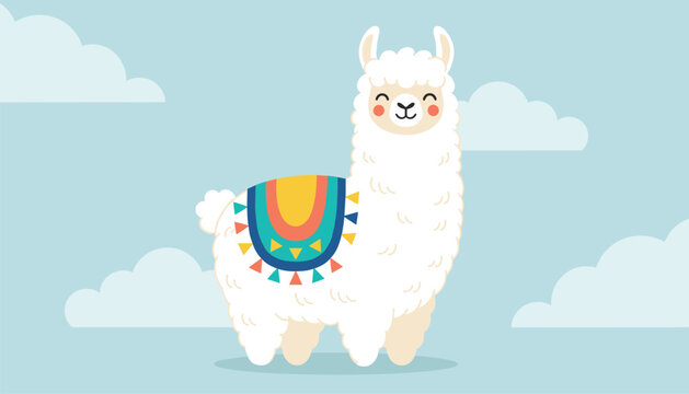 Adorable white llama with a colorful decorative saddle blanket standing under a light blue sky with soft white clouds.