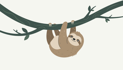 Obraz premium Cute cartoon sloth hanging upside down from a tropical tree branch over a clean minimalist solid light background.