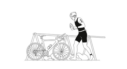 Obraz premium Triathlete preparing for cycling stage, holding water bottle, minimalist line art.