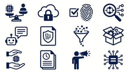 Fototapeta premium Flat vector icon set for artificial intelligence, data security, cloud privacy, chatbot, and technology concepts