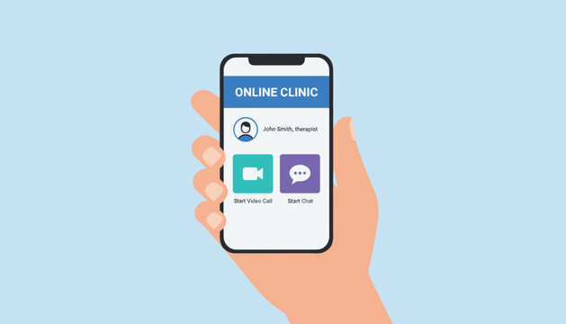 Human hand holding a mobile smartphone displaying an online clinic application with options to start a video call or chat.