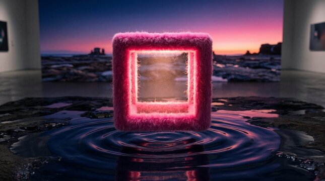 A glowing pink cube floats on rippling water in an art gallery at sunset