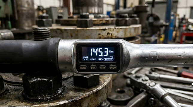 digital torque wrench with display screen measuring force on industrial machinery