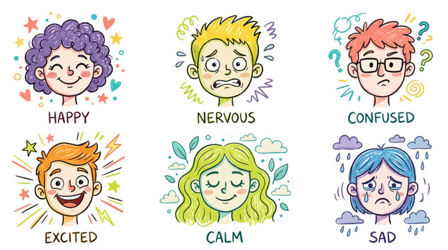 Cartoon faces with different emotions.