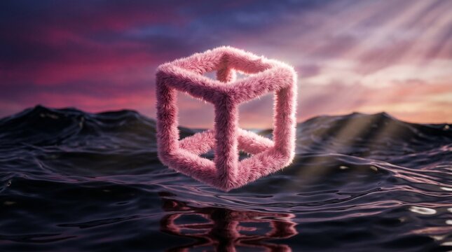 A pink cube floats on water with mountains and sunset in background