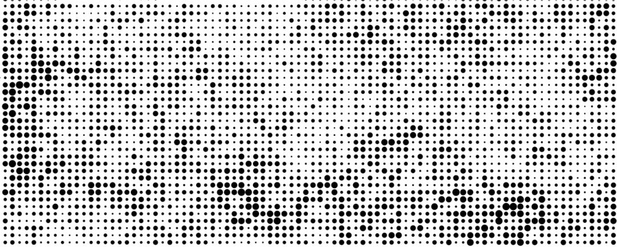 Distressed halftone dot pattern with irregular spacing and variation, isolated on a transparent background.