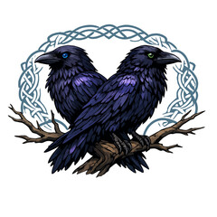 Obraz premium Pair of Majestic Ravens Perched Back to Back on a Tree Branch with Celtic Knot Circle Pattern, Huginn and Muninn Norse Mythology Vector Illustration